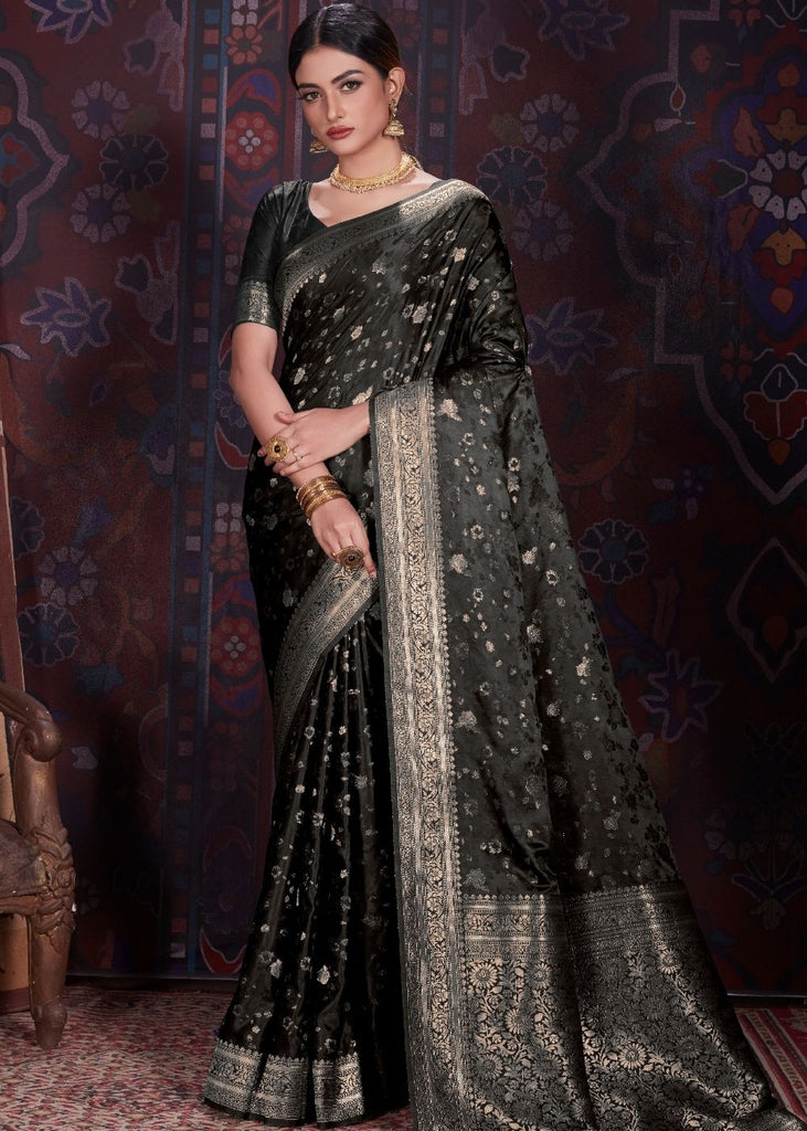 Pitch Black Zari Woven Satin Silk Saree Clothsvilla