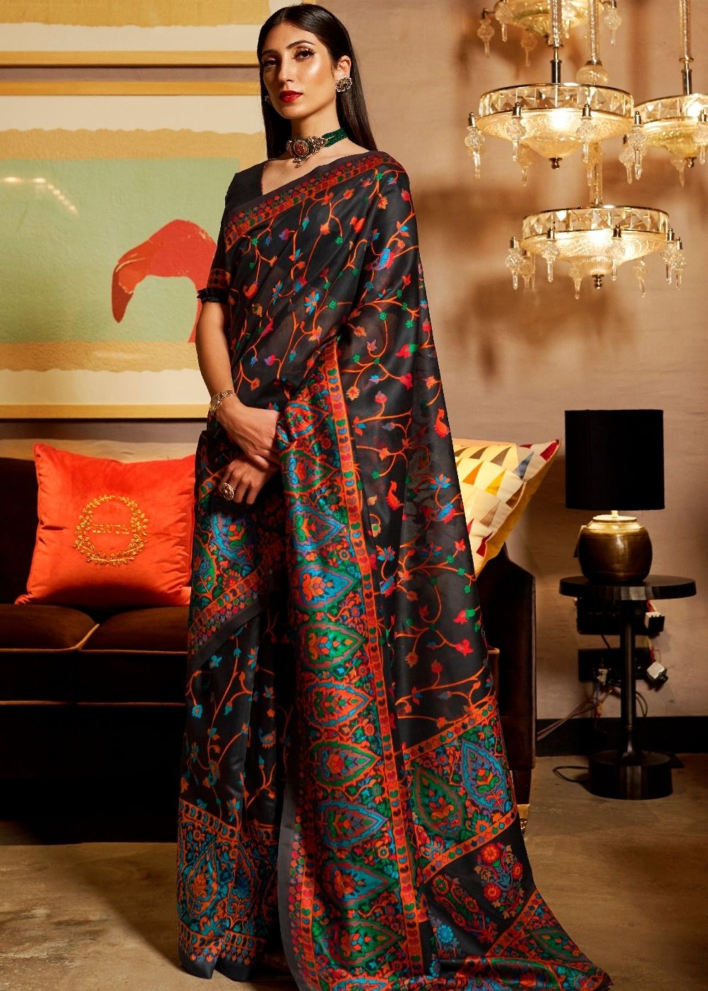 Ebony Black Banarasi Jamawar Woven Silk Saree : Top Pick Clothsvilla Main image