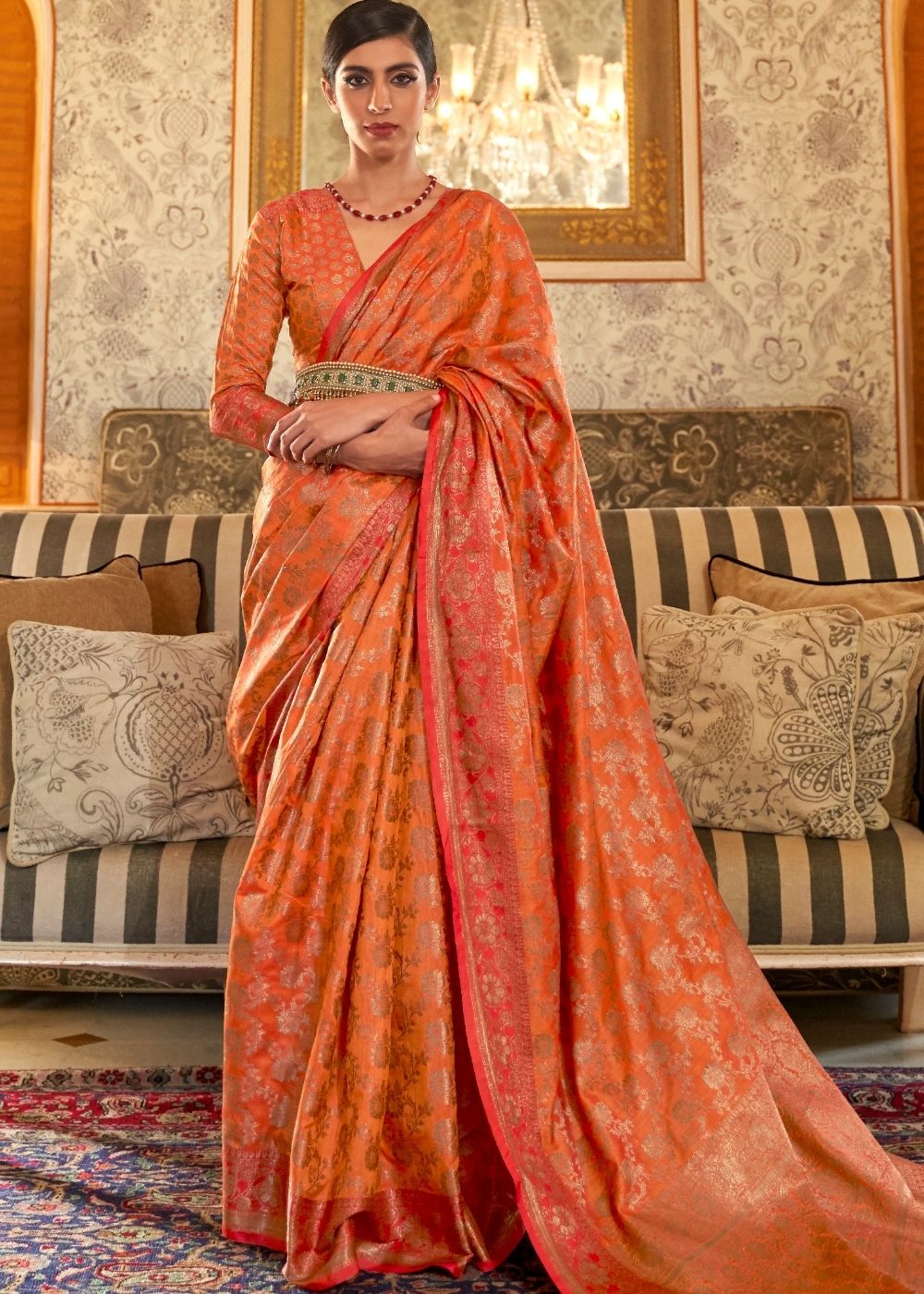 Amber Orange Woven Banarasi Tussar Silk Saree : Top Pick Clothsvilla Main image