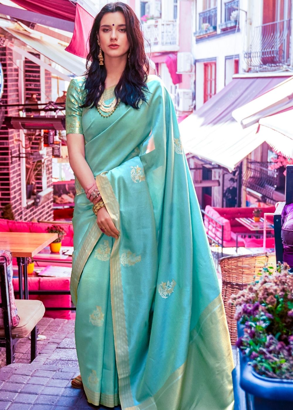 Aqua Blue Designer Wear Woven Banarasi Silk Saree Clothsvilla Main image