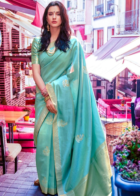 Aqua Blue Designer Wear Woven Banarasi Silk Saree Clothsvilla Main image
