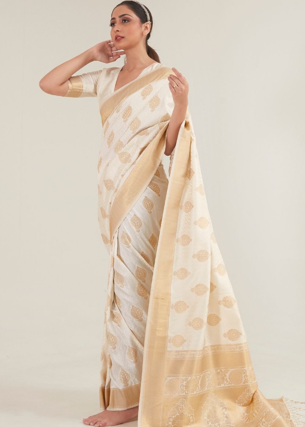 Beige White Zari Butta Woven Banasari Silk Saree Clothsvilla Main image