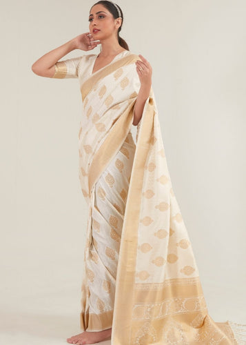Beige White Zari Butta Woven Banasari Silk Saree Clothsvilla