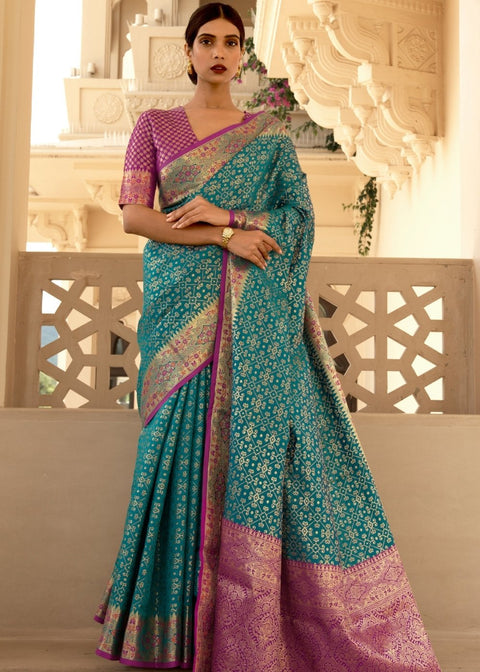 Teal Blue Woven Soft Banarasi Silk Saree with Contrast Pallu & Blouse Clothsvilla Main image