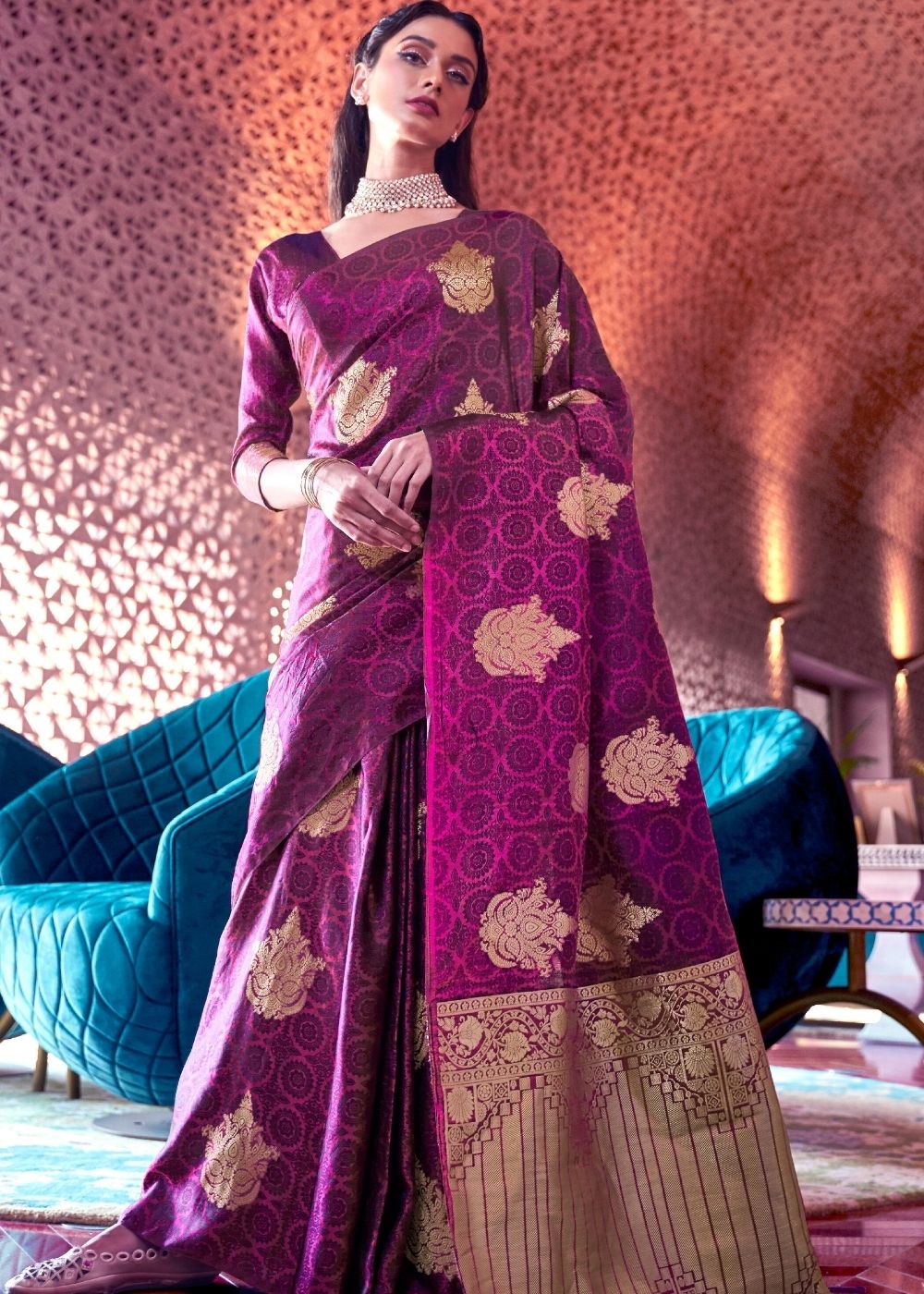 Lollipop Purple Satin Silk Saree with overall Golden Butti Clothsvilla Main image