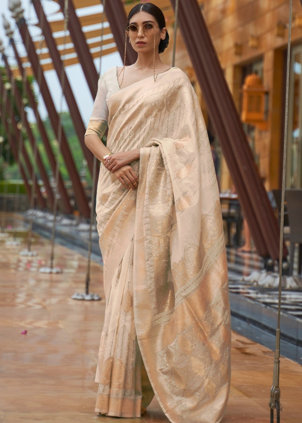 Tan Brown Zari Woven Silk Saree with Sequins work Clothsvilla