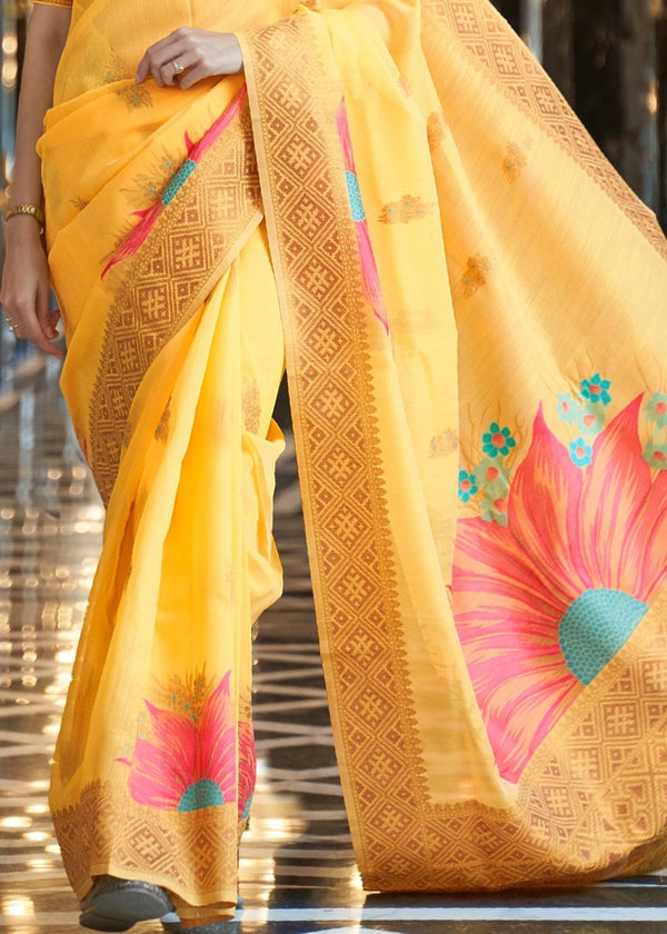 Saffron Yellow Zari Woven Linen Silk Saree Clothsvilla