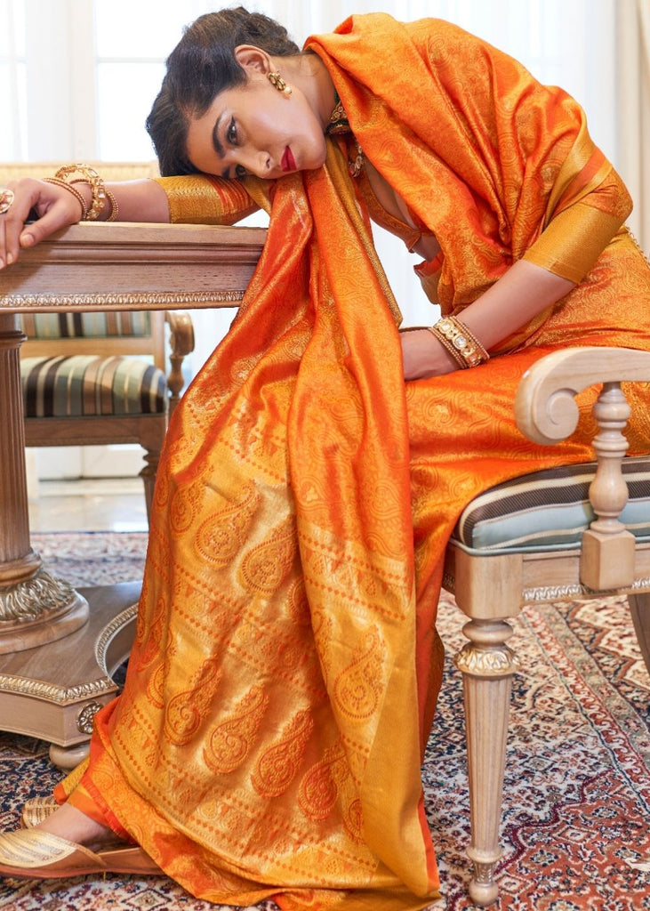 Pumpkin Orange Ultra Soft Kanjivaram Silk Saree with Zari  Border and Pallu Clothsvilla