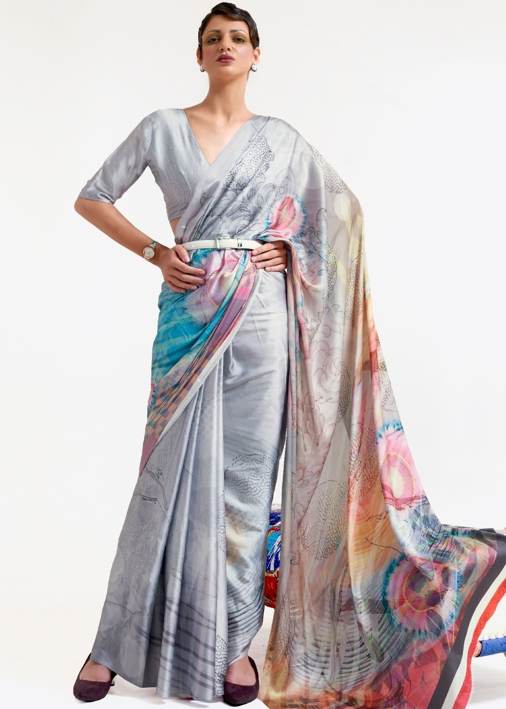 Silver Grey Digital Printed Satin Crepe Saree Clothsvilla Main image