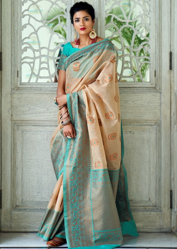 Subtle Beige Woven Linen Silk Saree with Butti overall Clothsvilla