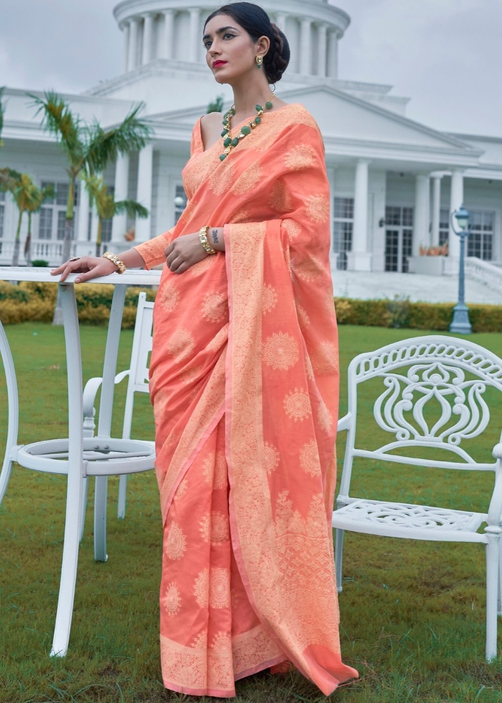 Salmon Orange Lucknowi Chikankari Weaving Silk Saree Clothsvilla