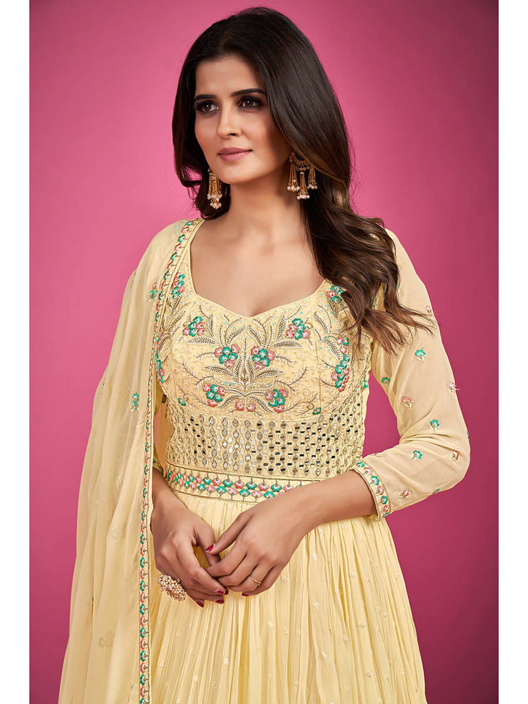 Yellow Pure Georgette Embroidered Gown Clothsvilla