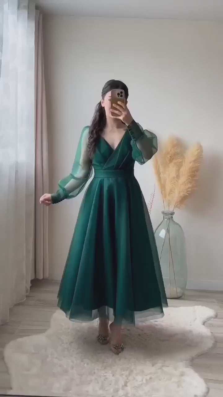 Dark Green Prom Dresses V-Neck Puffy Sleeves A-Line Evening Gown for Wedding