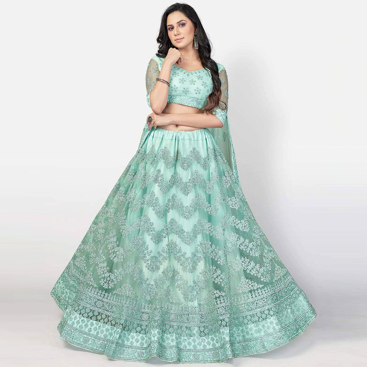 Summer Green Soft Net Embroidery and Zaken Work Lehenga choli ClothsVilla Main image