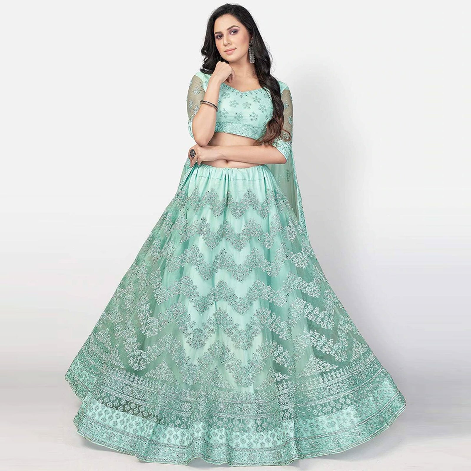 Summer Green Soft Net Embroidery and Zaken Work Lehenga choli ClothsVilla