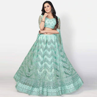 Summer Green Soft Net Embroidery and Zaken Work Lehenga choli ClothsVilla
