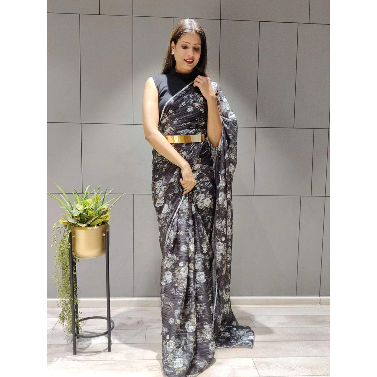 Flower Printed Ready to wear Chiffon Saree with Metal Belt ClothsVilla Main image
