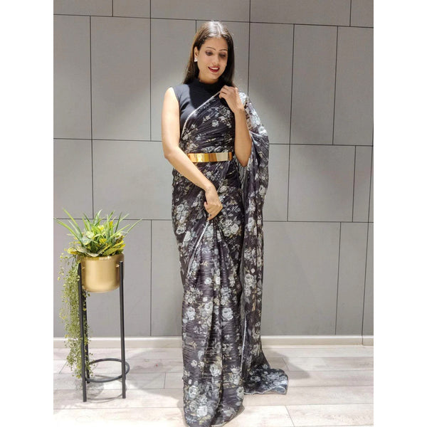 Flower Printed Ready to wear Chiffon Saree with Metal Belt ClothsVilla