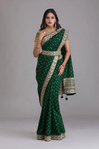 Green Indian Georgette Saree For Indian Festivals & Weddings - Sequence Embroidery Work, Dori Work Clothsvilla