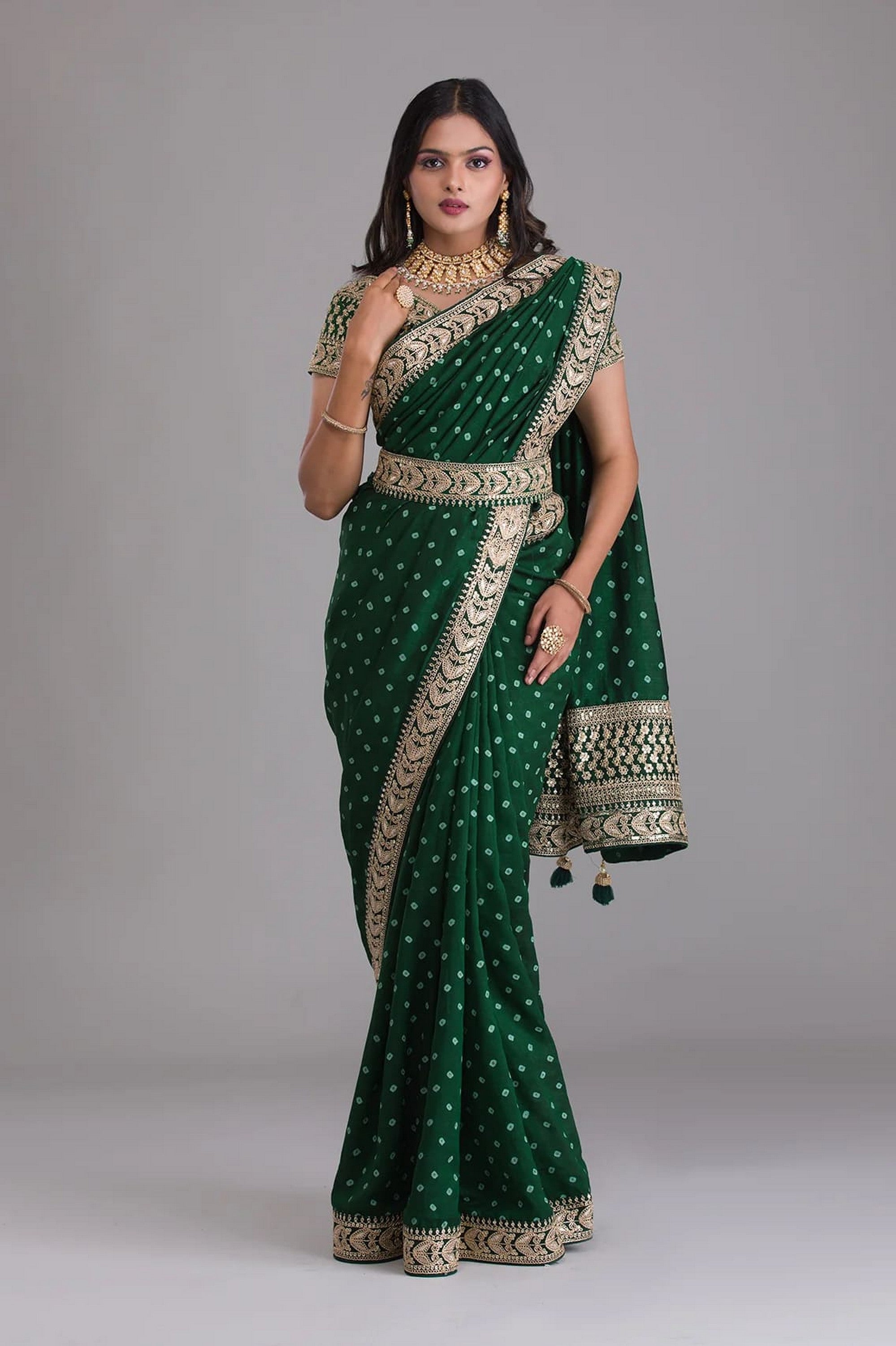 Green Indian Georgette Saree For Indian Festivals & Weddings - Sequence Embroidery Work, Dori Work Clothsvilla