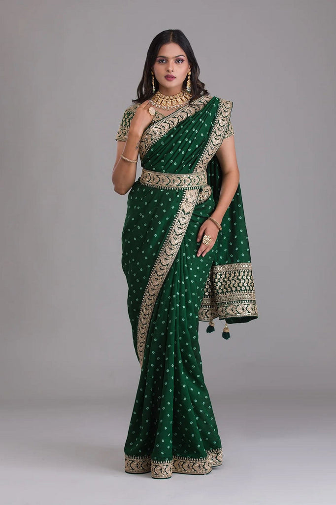 Green Indian Georgette Saree For Indian Festivals & Weddings - Sequence Embroidery Work, Dori Work Clothsvilla