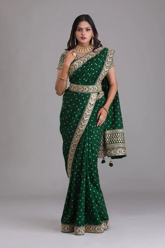 Green Indian Georgette Saree For Indian Festivals & Weddings - Sequence Embroidery Work, Dori Work Clothsvilla
