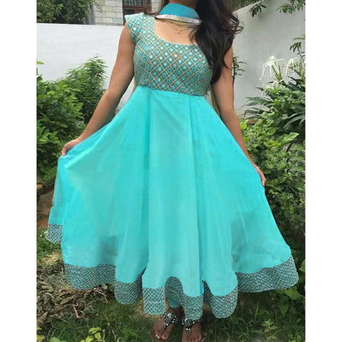 Foil Mirror Work Embroidered Turquoise Designer Dress and Dupatta ClothsVilla Main image