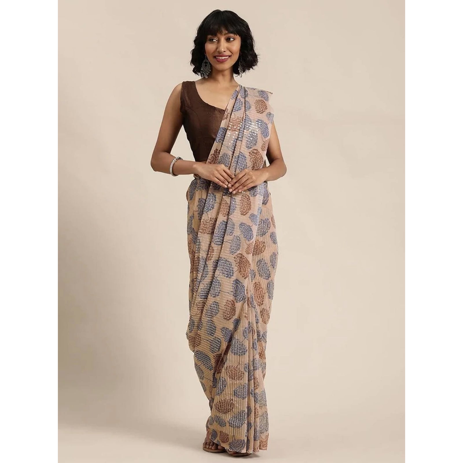 Full sequence Beige Saree with Coffee Blouse ClothsVilla