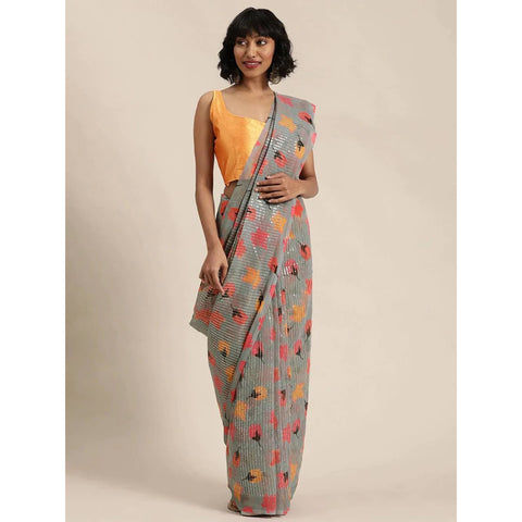 Full sequence Grey Saree with Orange Blouse ClothsVilla Main image