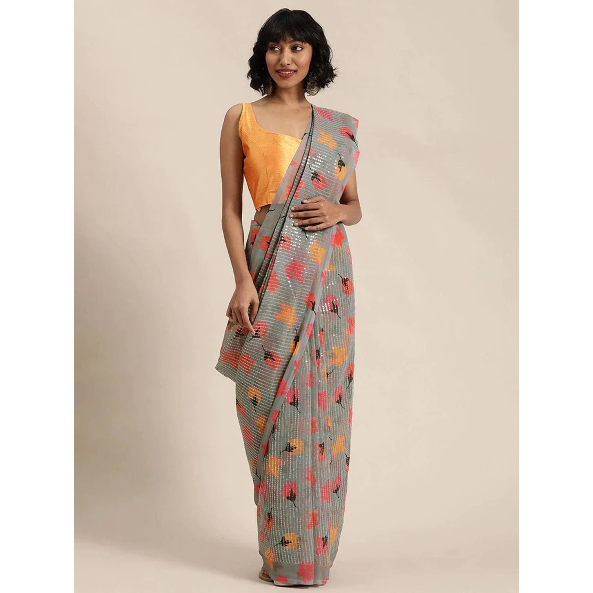 Full sequence Grey Saree with Orange Blouse ClothsVilla
