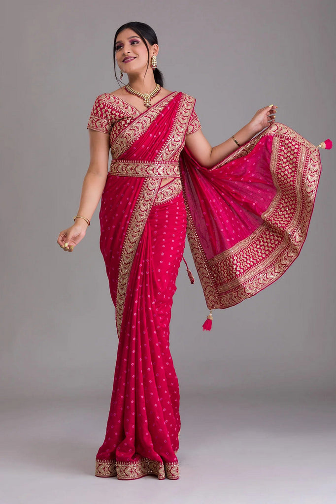 Pink Indian Georgette Saree For Indian Festivals & Weddings - Sequence Embroidery Work, Dori Work Clothsvilla