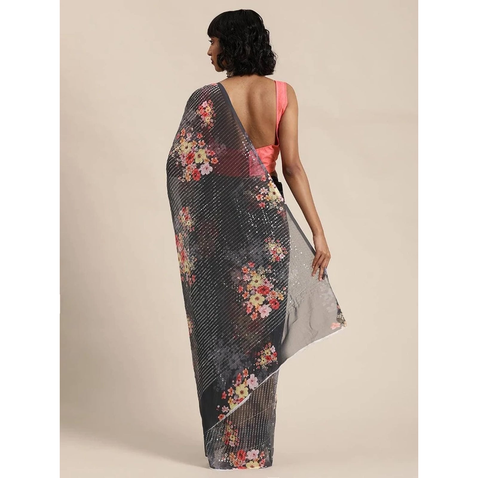 Full sequence Grey Saree with Pink Blouse ClothsVilla