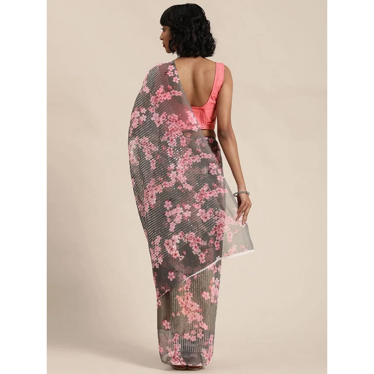 Full sequence Light Grey Designer Saree with Pink Blouse ClothsVilla