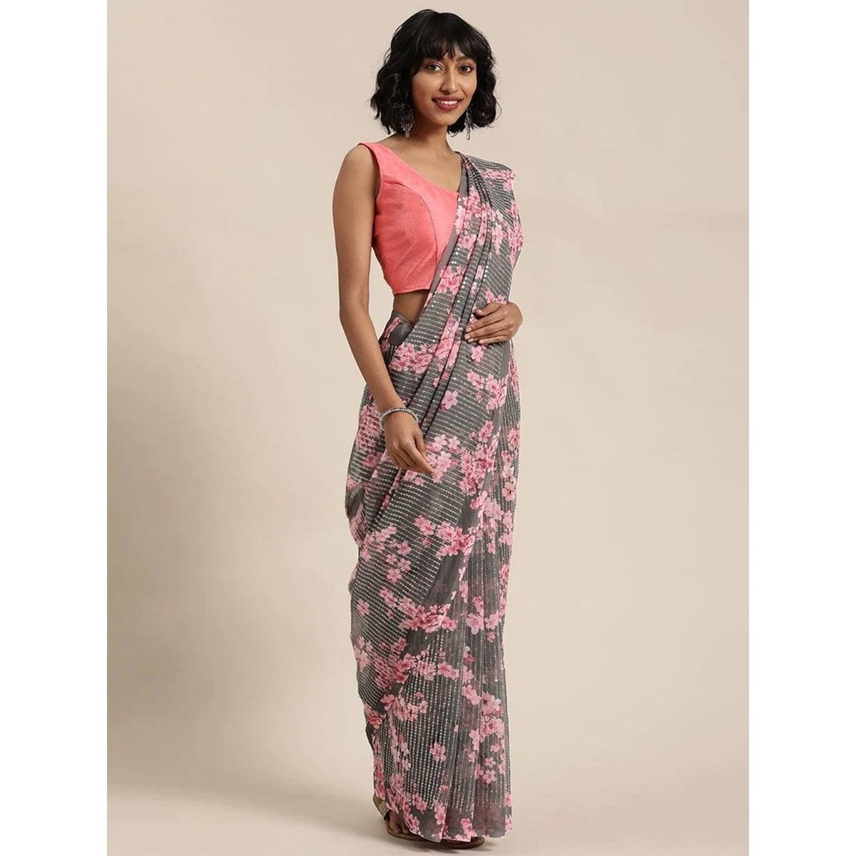 Full sequence Light Grey Designer Saree with Pink Blouse ClothsVilla