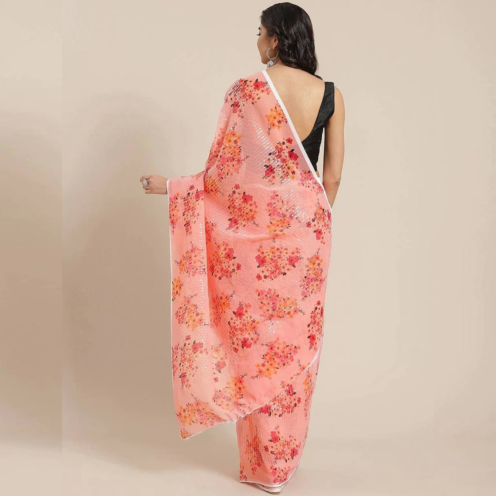 Full sequence Pink Saree with Black Blouse ClothsVilla