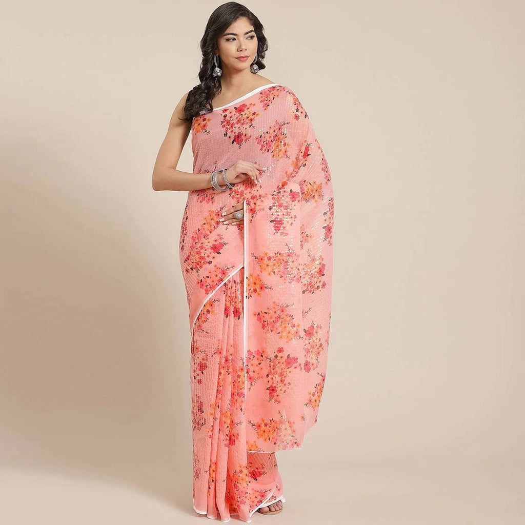 Full sequence Pink Saree with Black Blouse ClothsVilla
