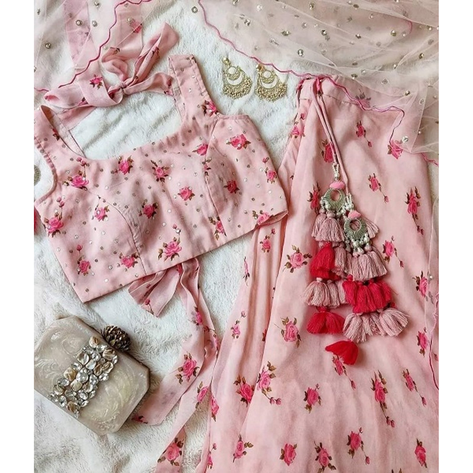 Pink Printed Lehenga Choli in Georgette with Mukesh Embroidery Work ClothsVilla