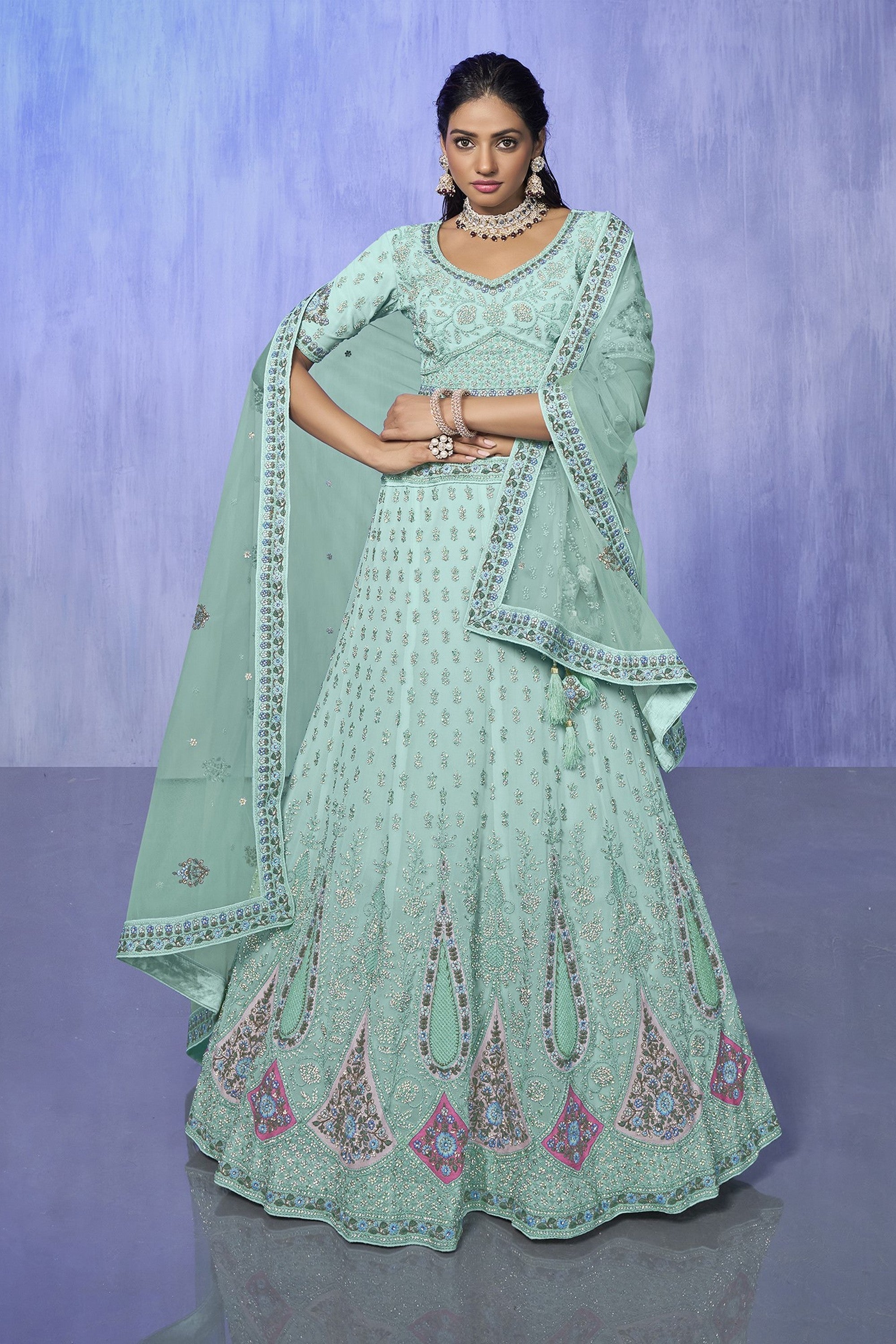 Green Pakistani Georgette Lehenga Choli For Indian Festivals & Weddings Main image