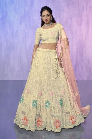 Off White Pakistani Net Lehenga Choli For Indian Festivals & Weddings