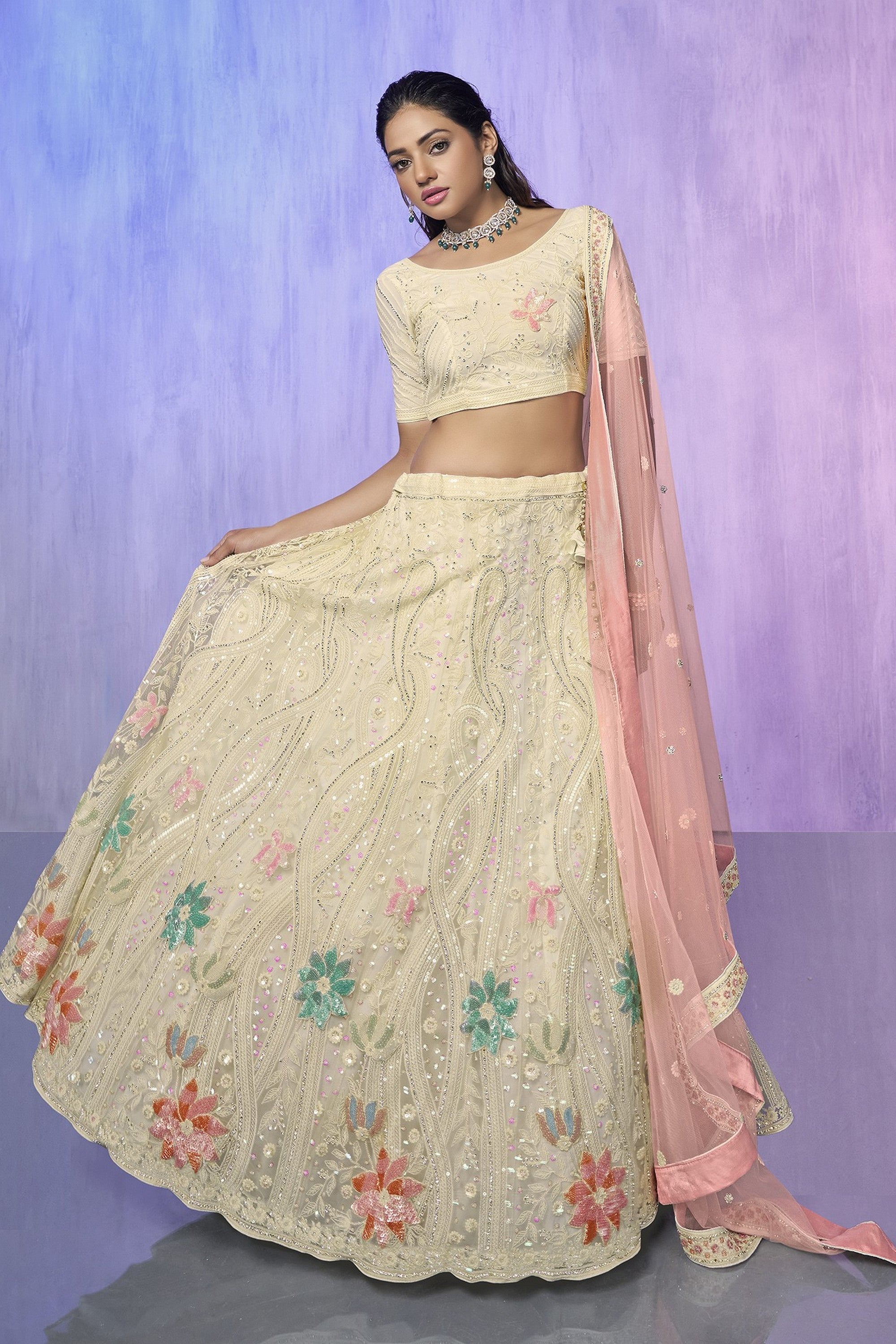 Off White Pakistani Net Lehenga Choli For Indian Festivals & Weddings Main image