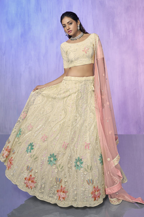 Off White Pakistani Net Lehenga Choli For Indian Festivals & Weddings Main image
