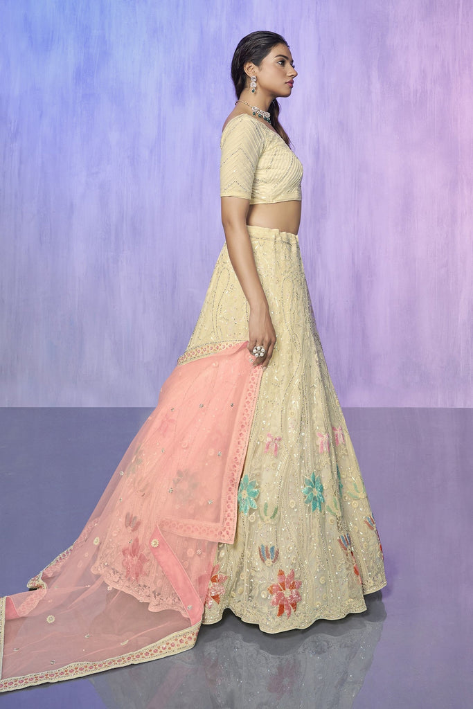 Off White Pakistani Net Lehenga Choli For Indian Festivals & Weddings