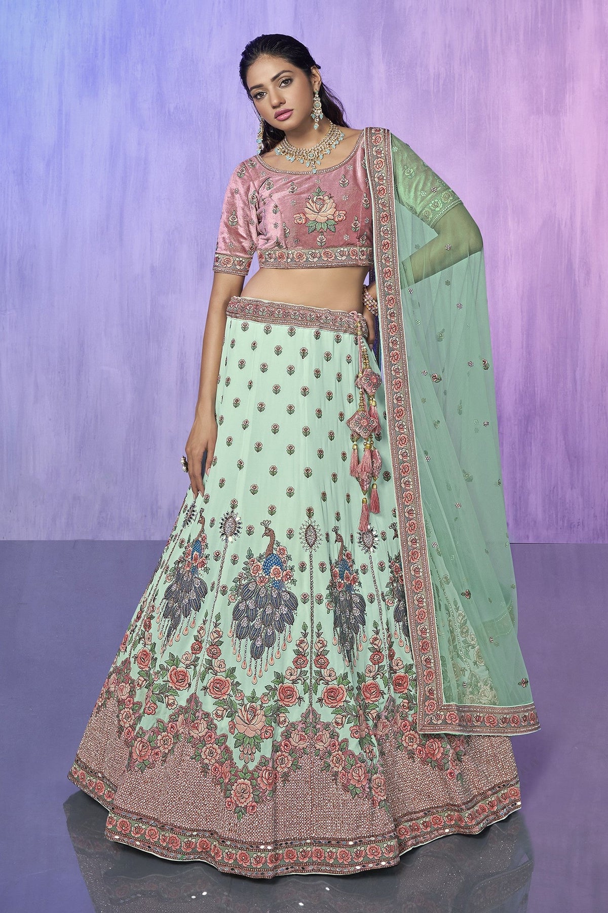 Green Pakistani Velvet Lehenga Choli For Indian Festivals & Weddings Main image