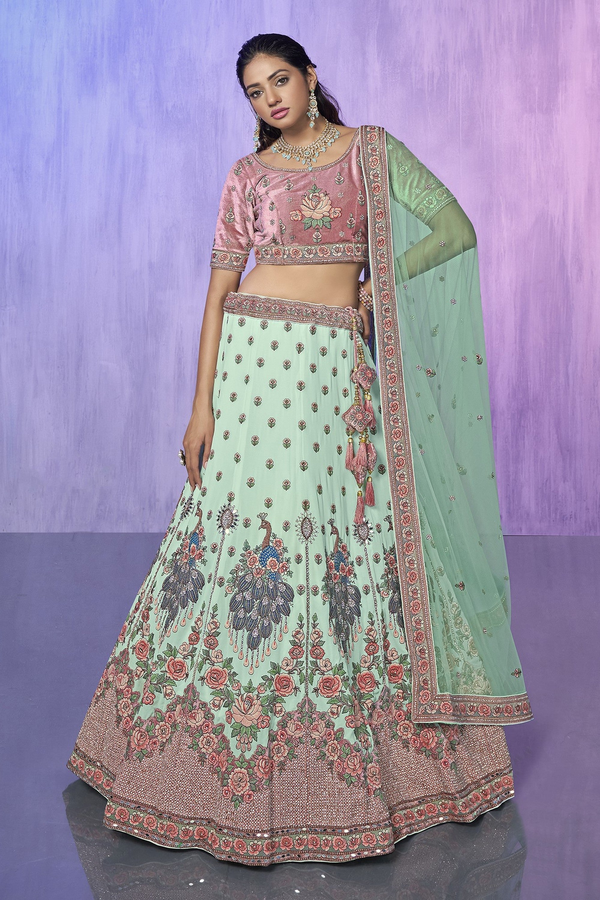 Green Pakistani Velvet Lehenga Choli For Indian Festivals & Weddings Main image