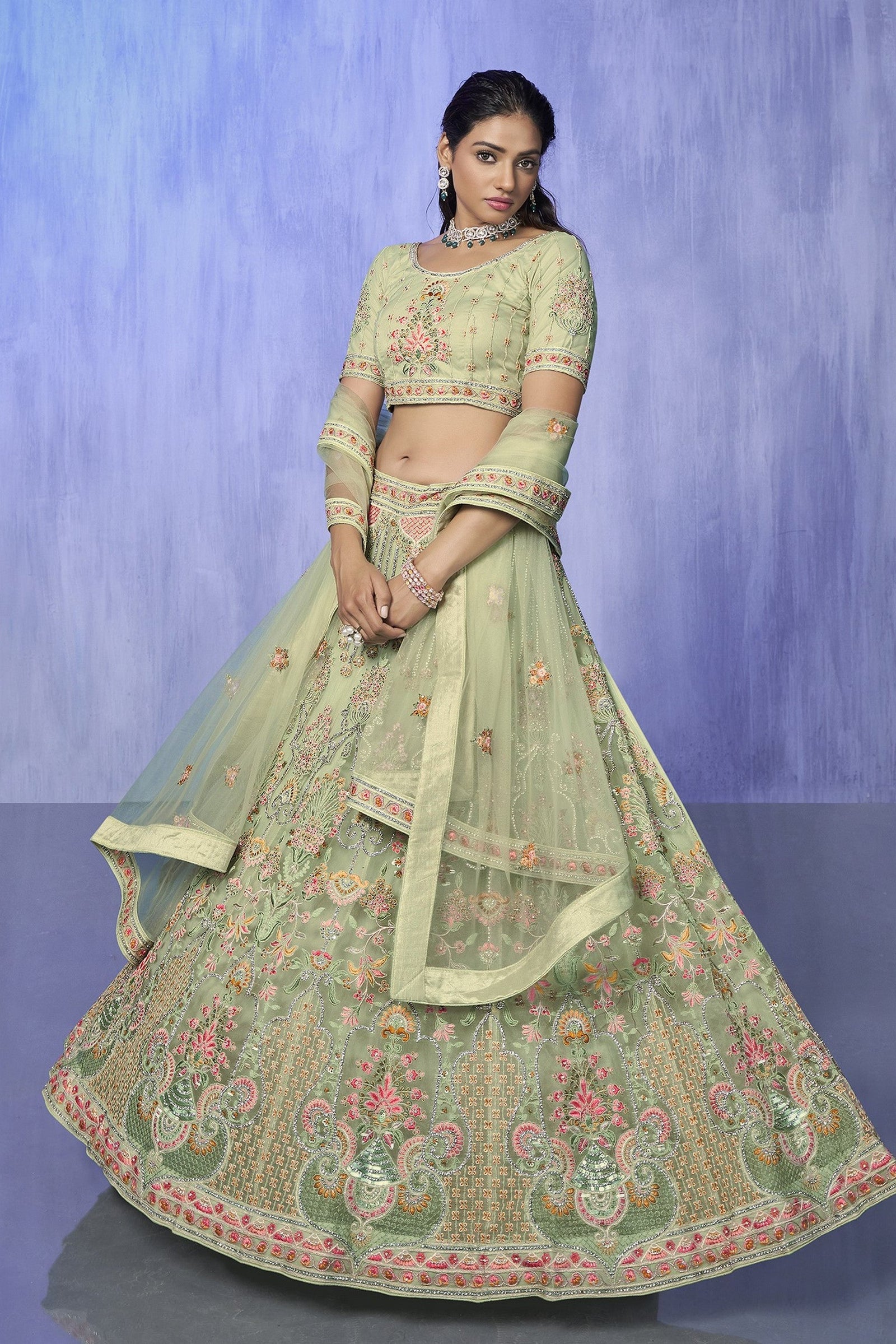 Green Pakistani Net Lehenga Choli For Indian Festivals & Weddings