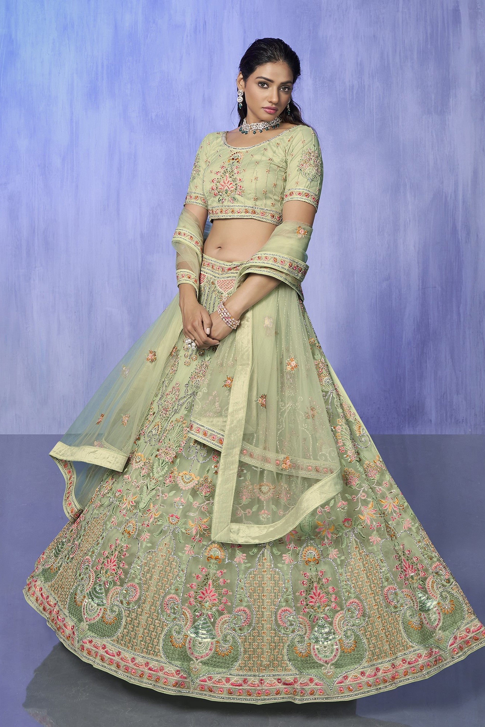 Green Pakistani Net Lehenga Choli For Indian Festivals & Weddings Main image