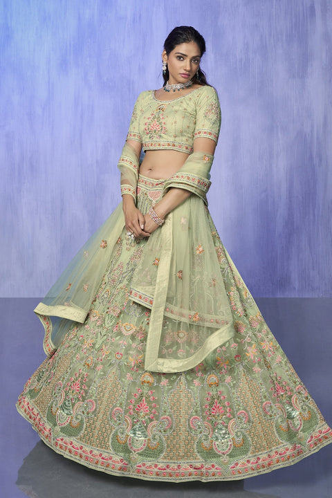 Green Pakistani Net Lehenga Choli For Indian Festivals & Weddings Main image