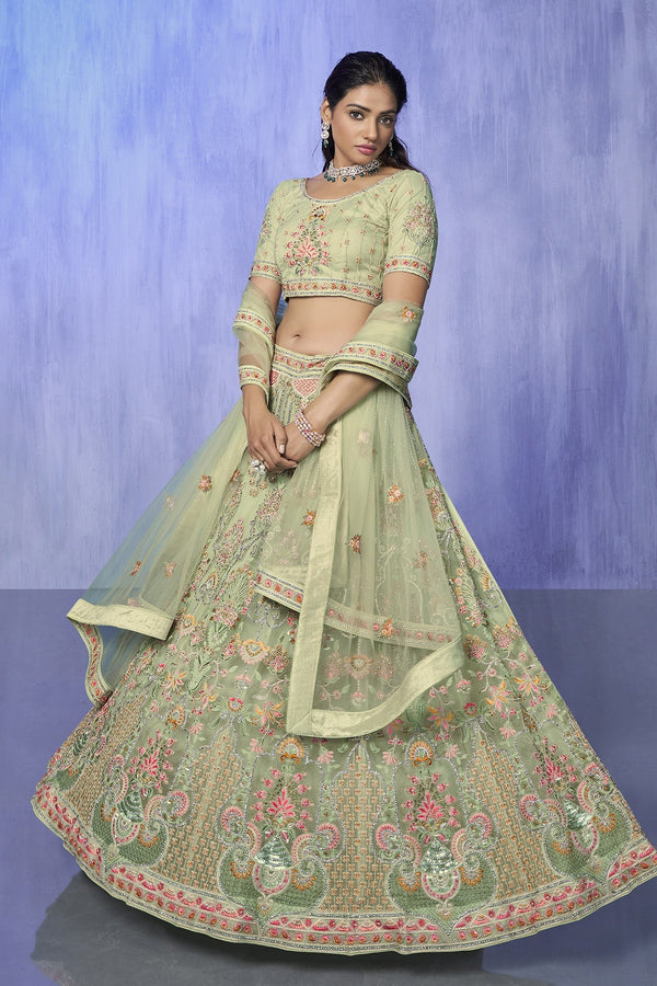 Green Pakistani Net Lehenga Choli For Indian Festivals & Weddings