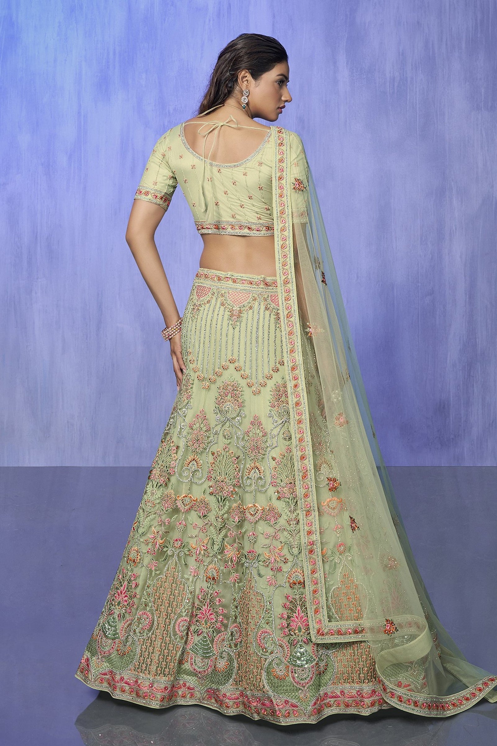 Green Pakistani Net Lehenga Choli For Indian Festivals & Weddings
