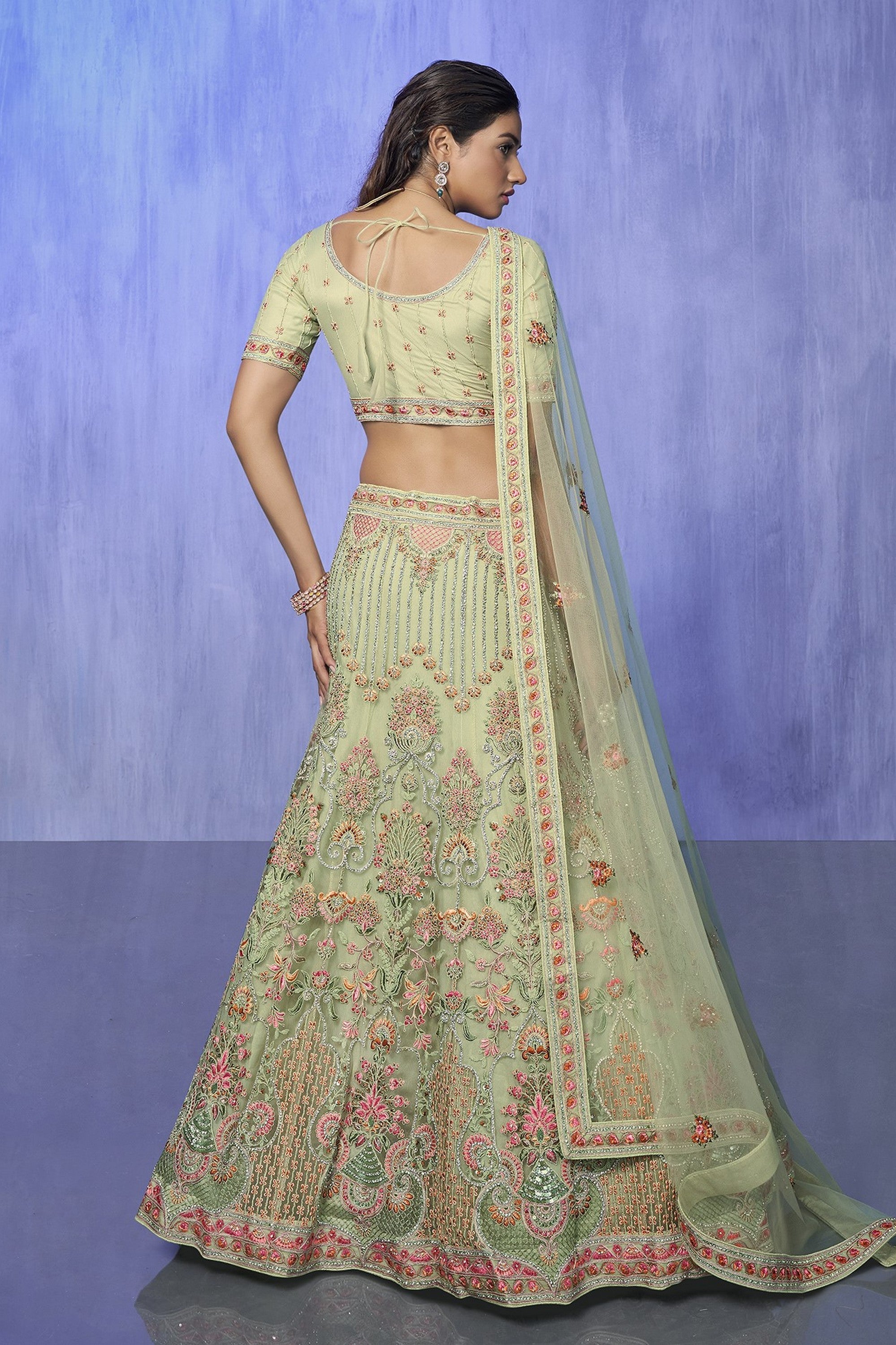 Green Pakistani Net Lehenga Choli For Indian Festivals & Weddings